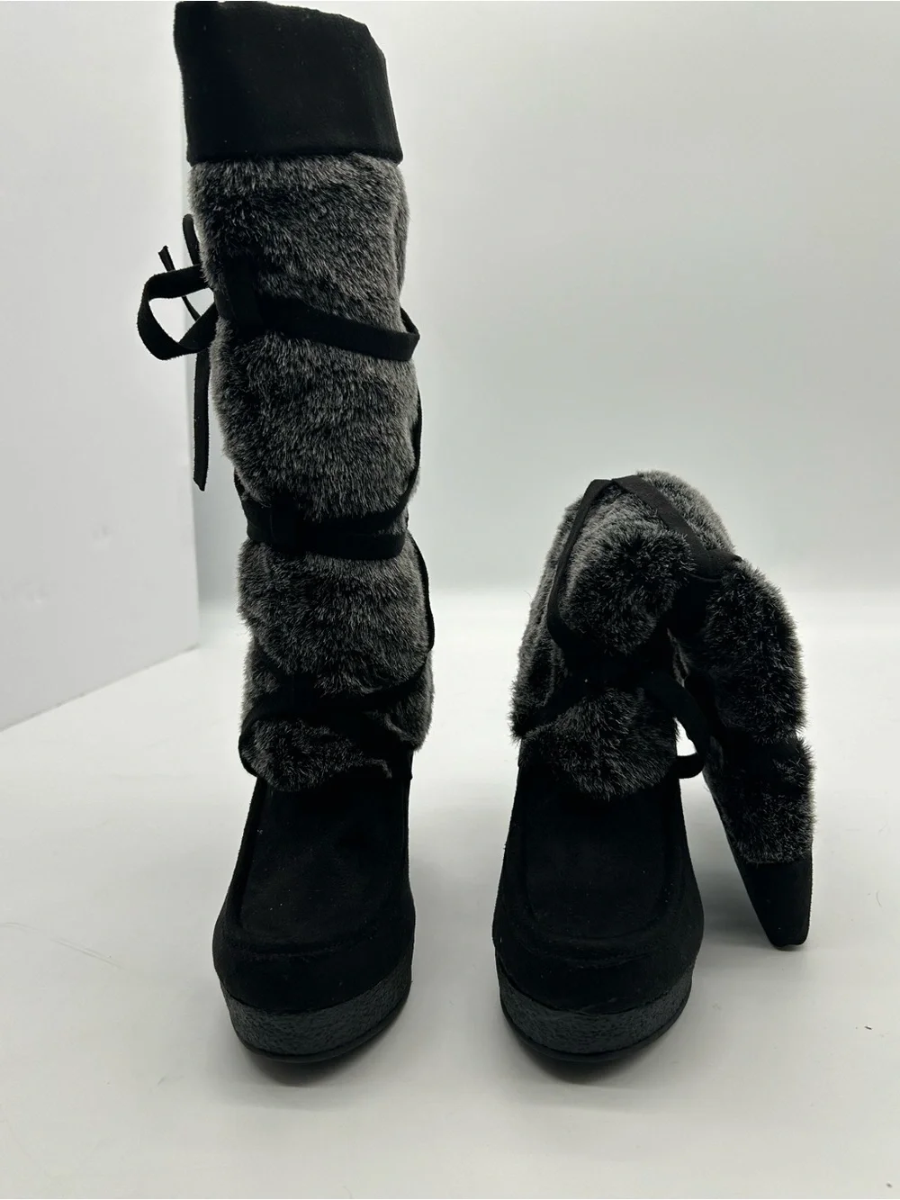 DecreeBlack Faux Fur Crisscross Wedge Winter Knee-High Boots 7 NWOT